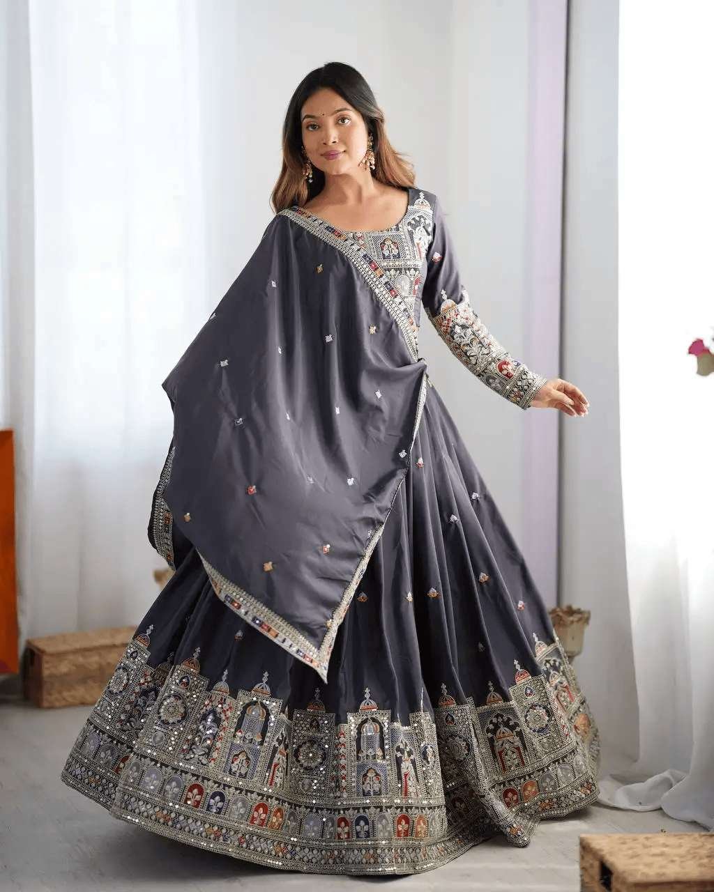 Women's Crepe Silk Sequence Embroidery and Zari Work Rajsthani Lehenga Choli with Dupatta - Image 10